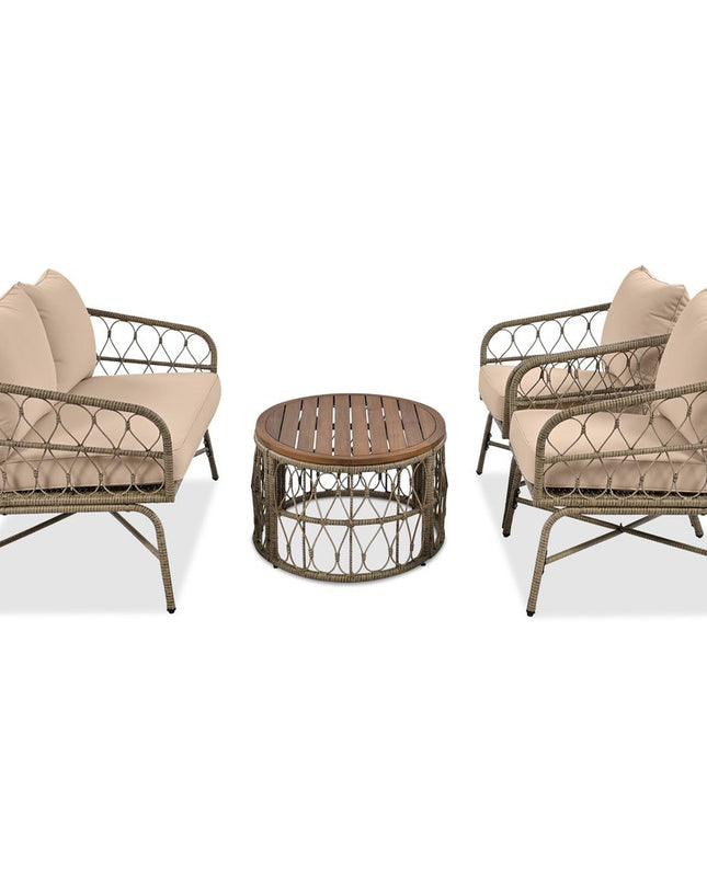 Four Piece Beige and Tan Wicker Upholstered Cushions Sofa Seating Group With Table