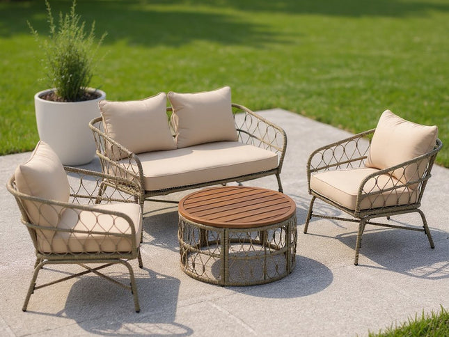 Four Piece Beige and Tan Wicker Upholstered Cushions Sofa Seating Group With Table