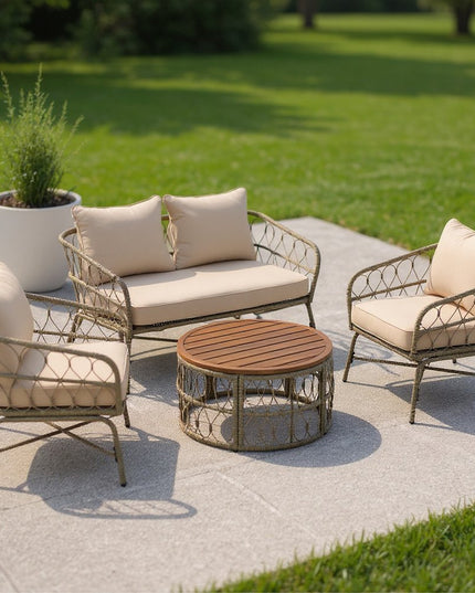 Four Piece Beige and Tan Wicker Upholstered Cushions Sofa Seating Group With Table