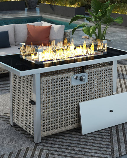 60000 BTU 45" Gray And Black Steel And Wicker Propane Fire Pit Table With Cover
