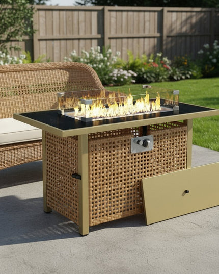 60000 BTU 43" Natural And Black Steel And Wicker Propane Fire Pit Table With Cover