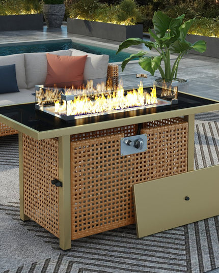 60000 BTU 43" Natural And Black Steel And Wicker Propane Fire Pit Table With Cover