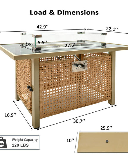 60000 BTU 43" Natural And Black Steel And Wicker Propane Fire Pit Table With Cover