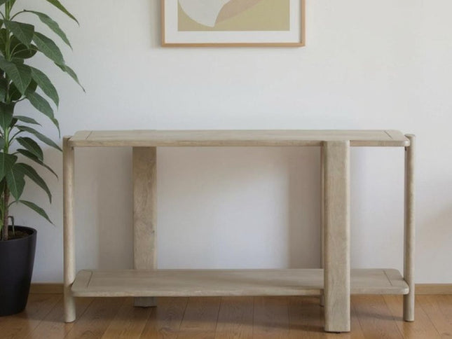 54" Natural Solid Wood Distressed Console Table With Shelf