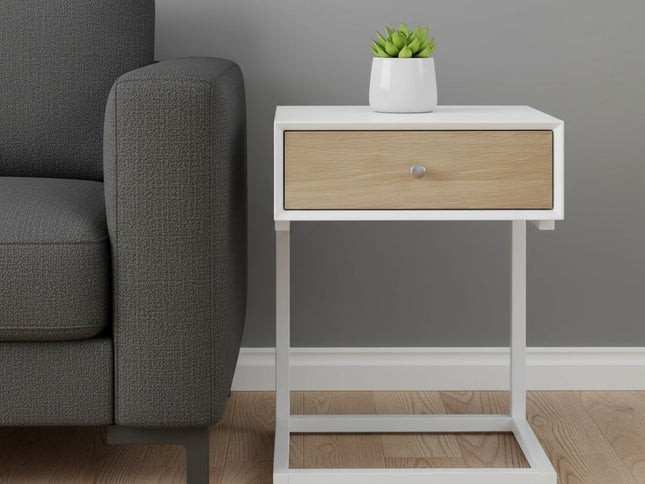 25" White and Natural Wood and Steel End Table With Drawer And USB Port