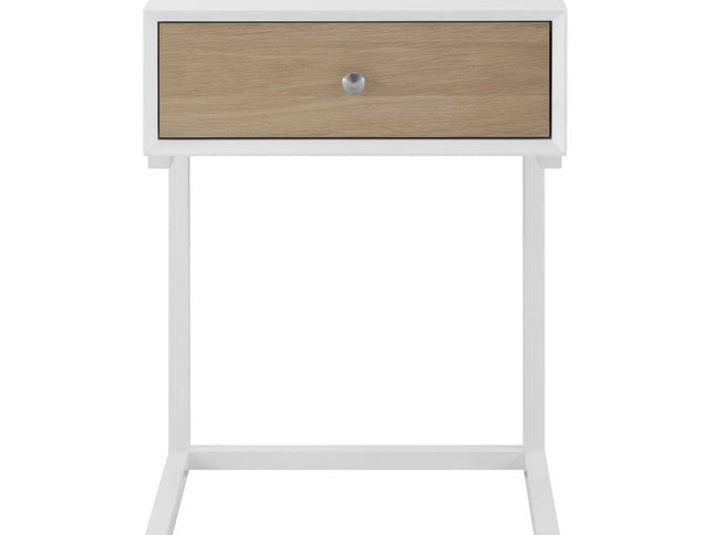 25" White and Natural Wood and Steel End Table With Drawer And USB Port