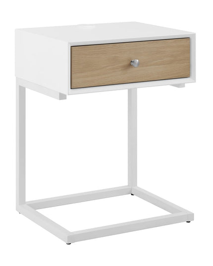 25" White and Natural Wood and Steel End Table With Drawer And USB Port