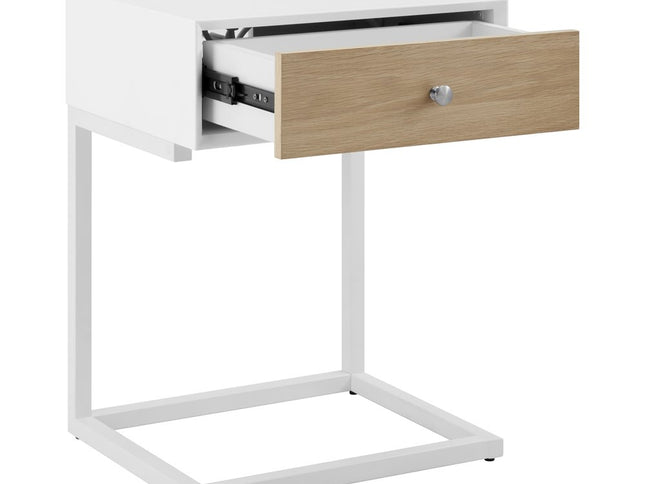 25" White and Natural Wood and Steel End Table With Drawer And USB Port