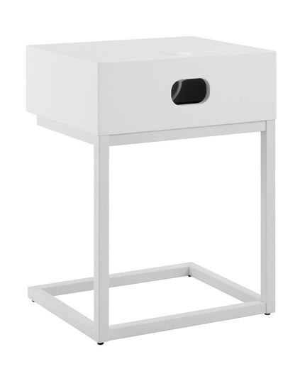 25" White and Natural Wood and Steel End Table With Drawer And USB Port