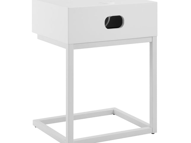 25" White and Natural Wood and Steel End Table With Drawer And USB Port