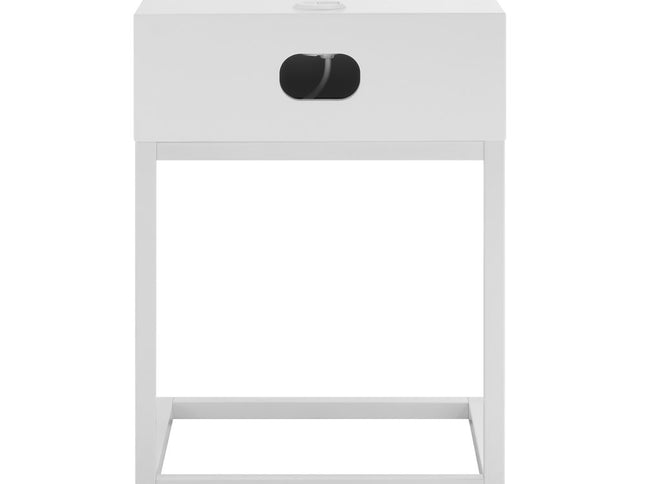 25" White and Natural Wood and Steel End Table With Drawer And USB Port