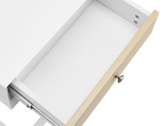 25" White and Natural Wood and Steel End Table With Drawer And USB Port