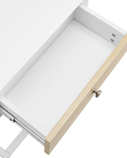 25" White and Natural Wood and Steel End Table With Drawer And USB Port