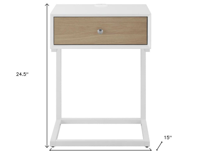 25" White and Natural Wood and Steel End Table With Drawer And USB Port