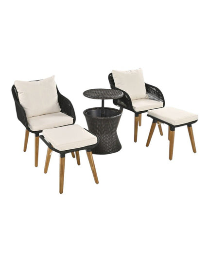 Five Piece Black and Beige Wicker Upholstered Cushions Two Person Seating Group With Table