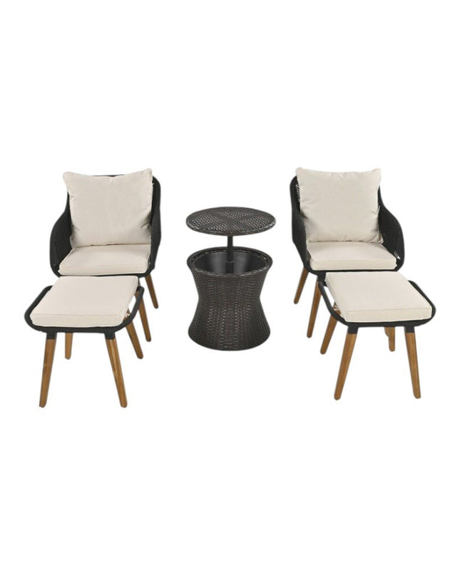 Five Piece Black and Beige Wicker Upholstered Cushions Two Person Seating Group With Table