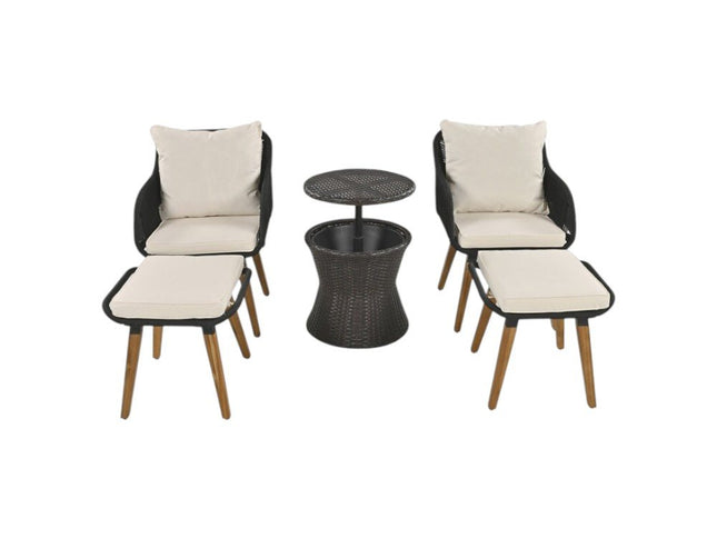 Five Piece Black and Beige Wicker Upholstered Cushions Two Person Seating Group With Table