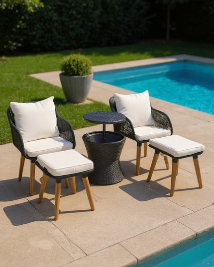 Five Piece Black and Beige Wicker Upholstered Cushions Two Person Seating Group With Table