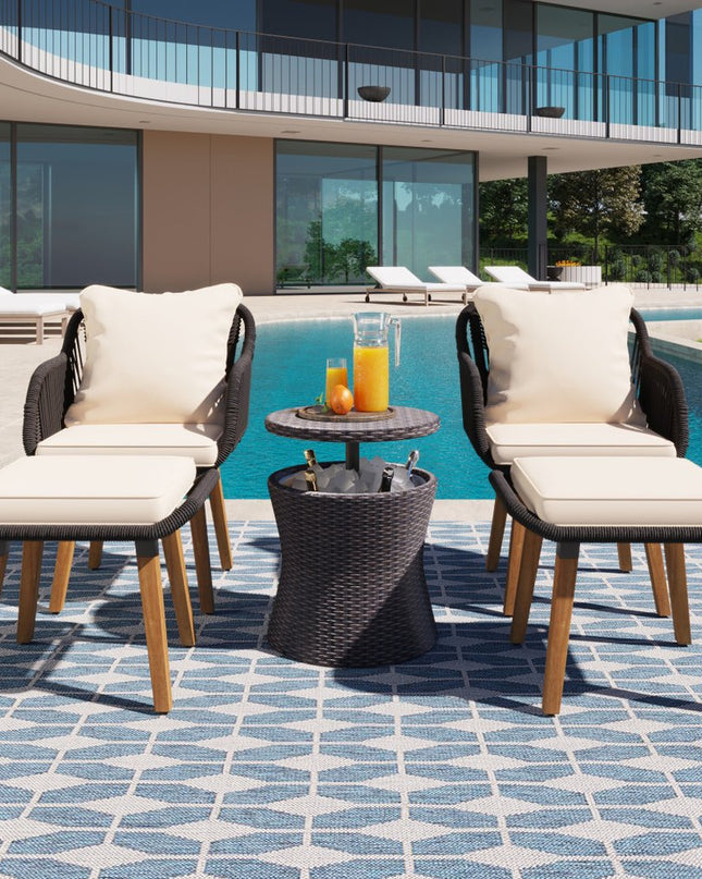 Five Piece Black and Beige Wicker Upholstered Cushions Two Person Seating Group With Table