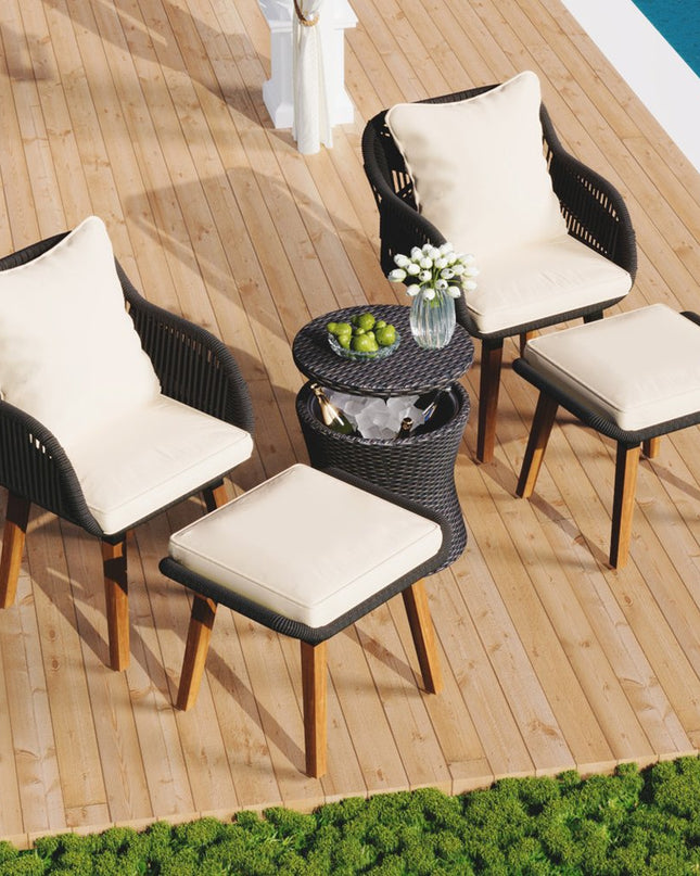 Five Piece Black and Beige Wicker Upholstered Cushions Two Person Seating Group With Table