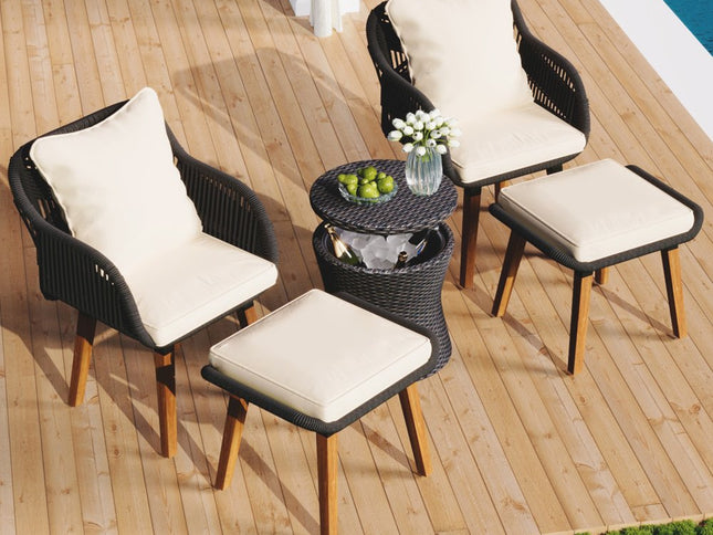 Five Piece Black and Beige Wicker Upholstered Cushions Two Person Seating Group With Table