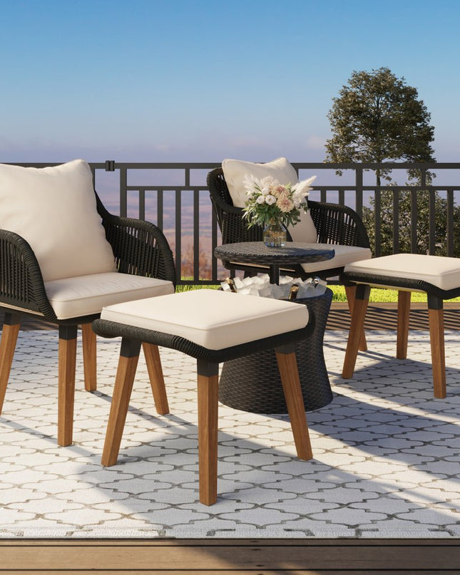 Five Piece Black and Beige Wicker Upholstered Cushions Two Person Seating Group With Table