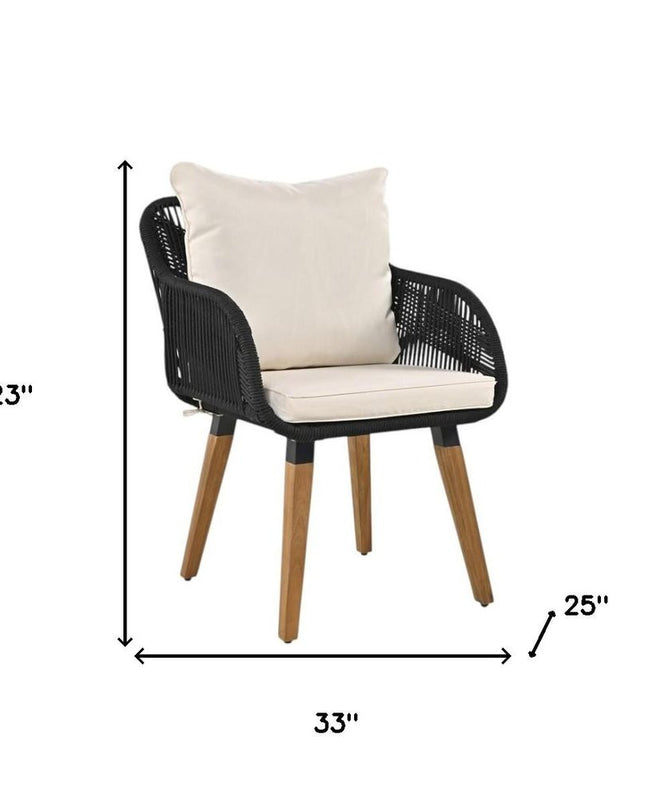 Five Piece Black and Beige Wicker Upholstered Cushions Two Person Seating Group With Table