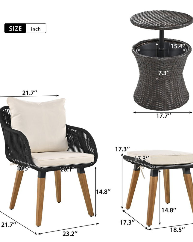 Five Piece Black and Beige Wicker Upholstered Cushions Two Person Seating Group With Table