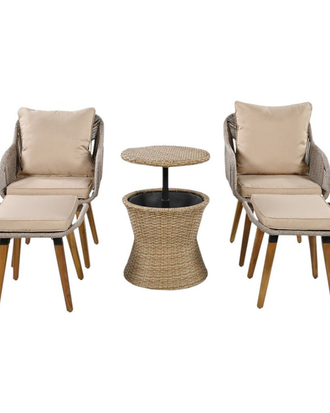 Five Piece Light Gray and Tan Wicker Upholstered Cushions Two Person Seating Group With Table