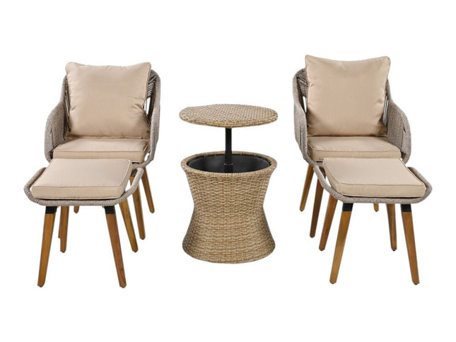 Five Piece Light Gray and Tan Wicker Upholstered Cushions Two Person Seating Group With Table