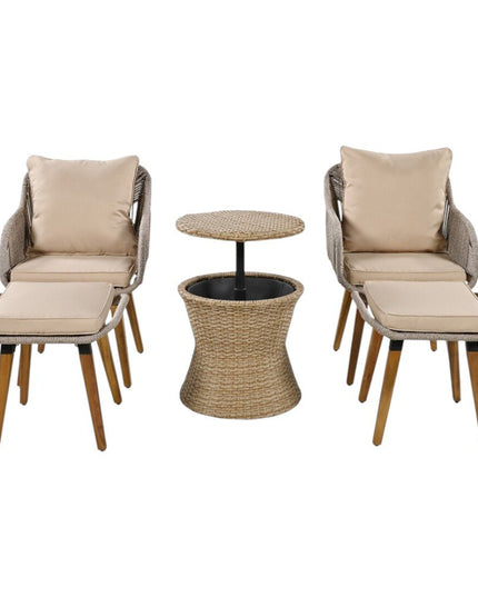 Five Piece Light Gray and Tan Wicker Upholstered Cushions Two Person Seating Group With Table