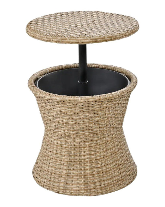 Five Piece Light Gray and Tan Wicker Upholstered Cushions Two Person Seating Group With Table