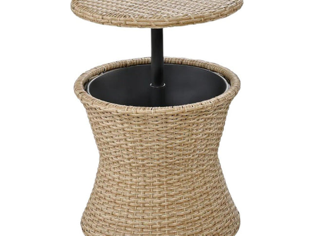 Five Piece Light Gray and Tan Wicker Upholstered Cushions Two Person Seating Group With Table