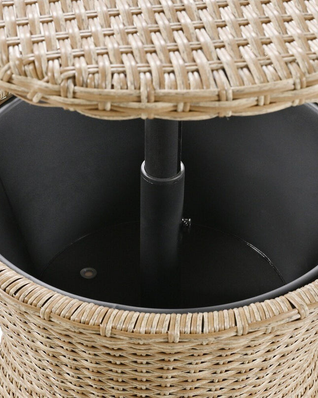 Five Piece Light Gray and Tan Wicker Upholstered Cushions Two Person Seating Group With Table