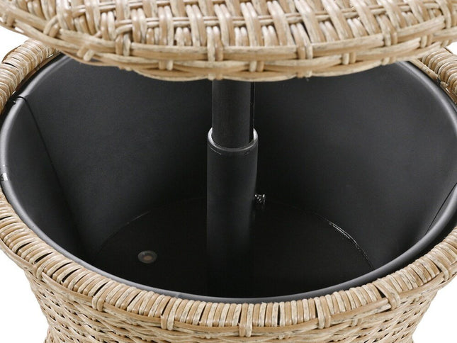 Five Piece Light Gray and Tan Wicker Upholstered Cushions Two Person Seating Group With Table