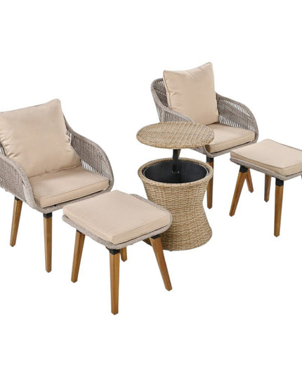 Five Piece Light Gray and Tan Wicker Upholstered Cushions Two Person Seating Group With Table