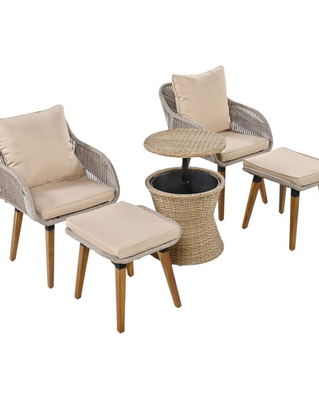 Five Piece Light Gray and Tan Wicker Upholstered Cushions Two Person Seating Group With Table