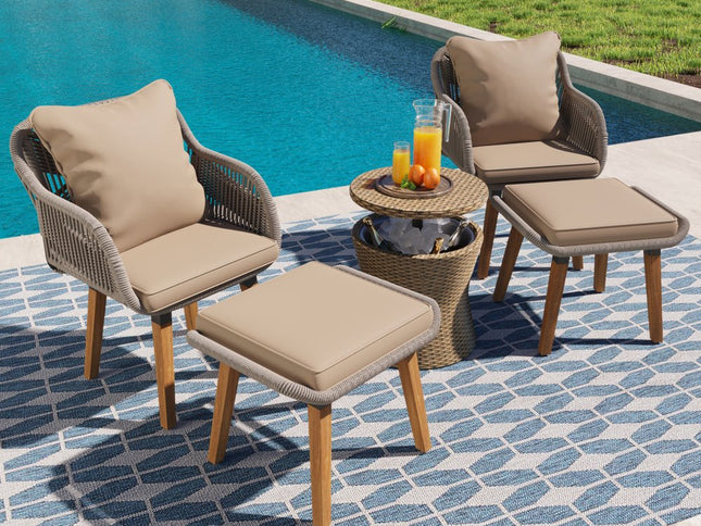 Five Piece Light Gray and Tan Wicker Upholstered Cushions Two Person Seating Group With Table