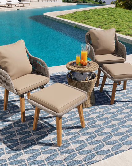 Five Piece Light Gray and Tan Wicker Upholstered Cushions Two Person Seating Group With Table