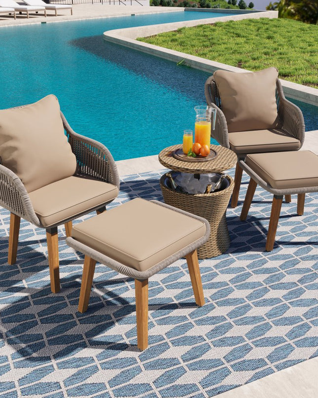 Five Piece Light Gray and Tan Wicker Upholstered Cushions Two Person Seating Group With Table