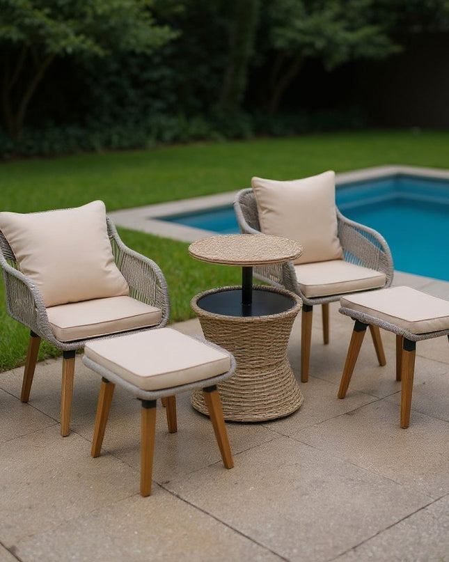 Five Piece Light Gray and Tan Wicker Upholstered Cushions Two Person Seating Group With Table