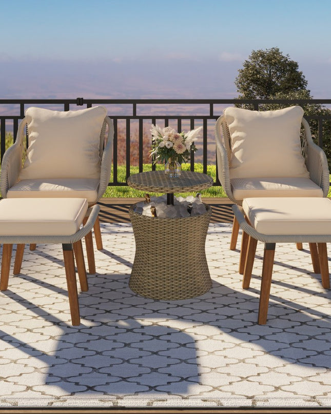 Five Piece Light Gray and Tan Wicker Upholstered Cushions Two Person Seating Group With Table