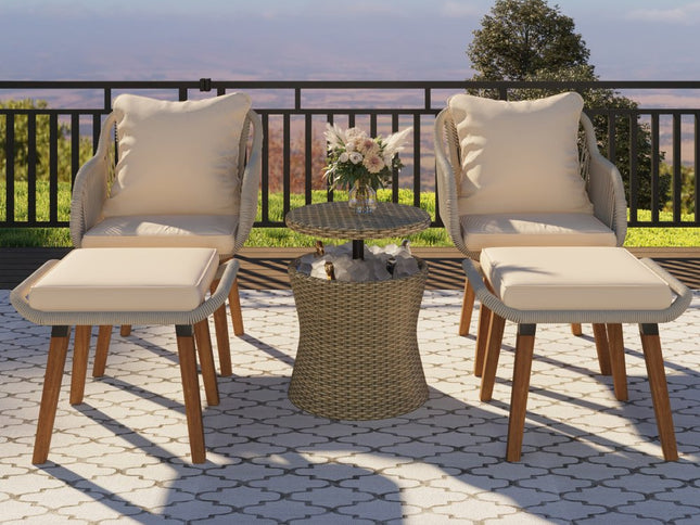 Five Piece Light Gray and Tan Wicker Upholstered Cushions Two Person Seating Group With Table