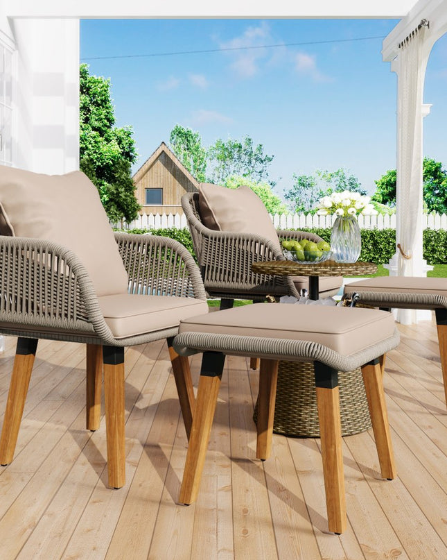 Five Piece Light Gray and Tan Wicker Upholstered Cushions Two Person Seating Group With Table