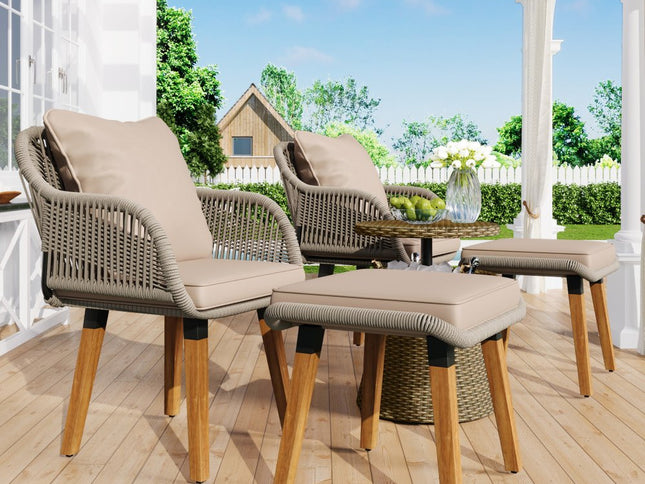 Five Piece Light Gray and Tan Wicker Upholstered Cushions Two Person Seating Group With Table