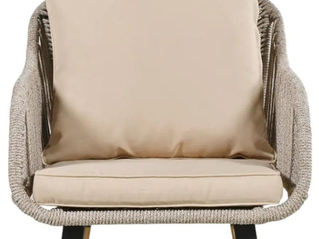 Five Piece Light Gray and Tan Wicker Upholstered Cushions Two Person Seating Group With Table