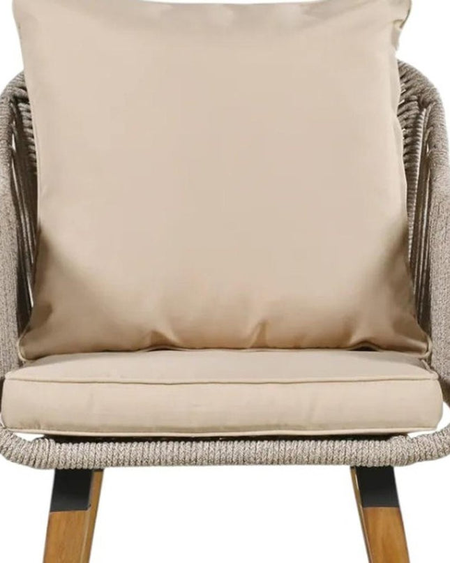 Five Piece Light Gray and Tan Wicker Upholstered Cushions Two Person Seating Group With Table