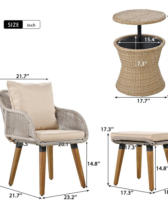 Five Piece Light Gray and Tan Wicker Upholstered Cushions Two Person Seating Group With Table