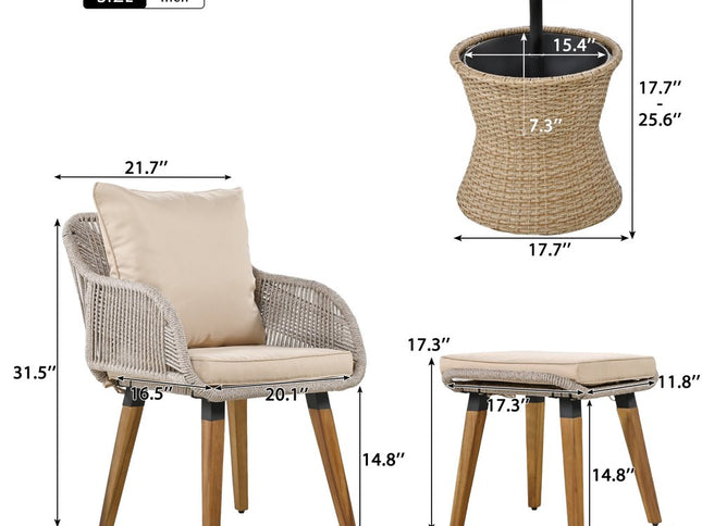 Five Piece Light Gray and Tan Wicker Upholstered Cushions Two Person Seating Group With Table