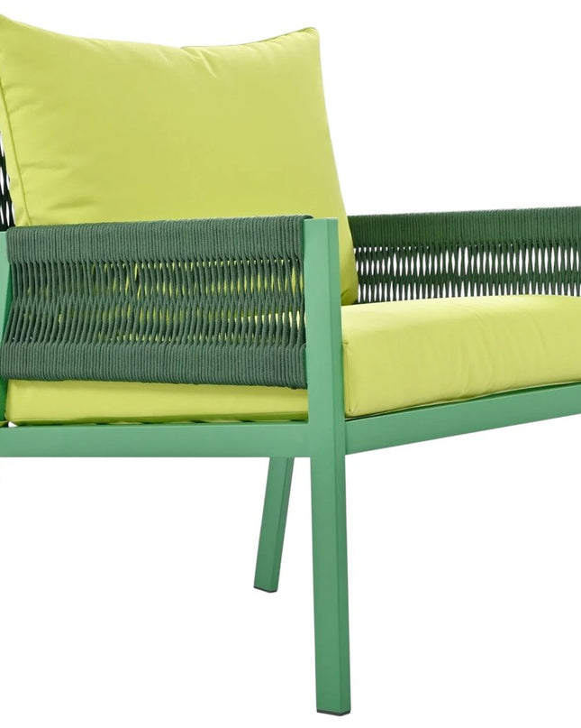 Four Piece Green and Light Green Metal Upholstered Cushions Sofa Seating Group With Table